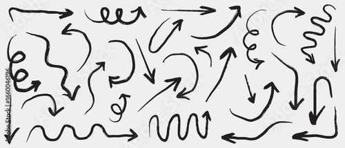 Set of hand drawn arrows doodle designs. Black doodles and scribbles isolated on white background. Sketch arrow design for business and education. Circle arrows, rotate arrow, redo process symbol