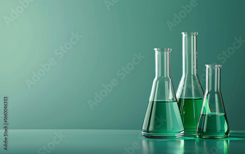 Elegant arrangement of crystal flasks and bottles containing green liquid in a laboratory setting