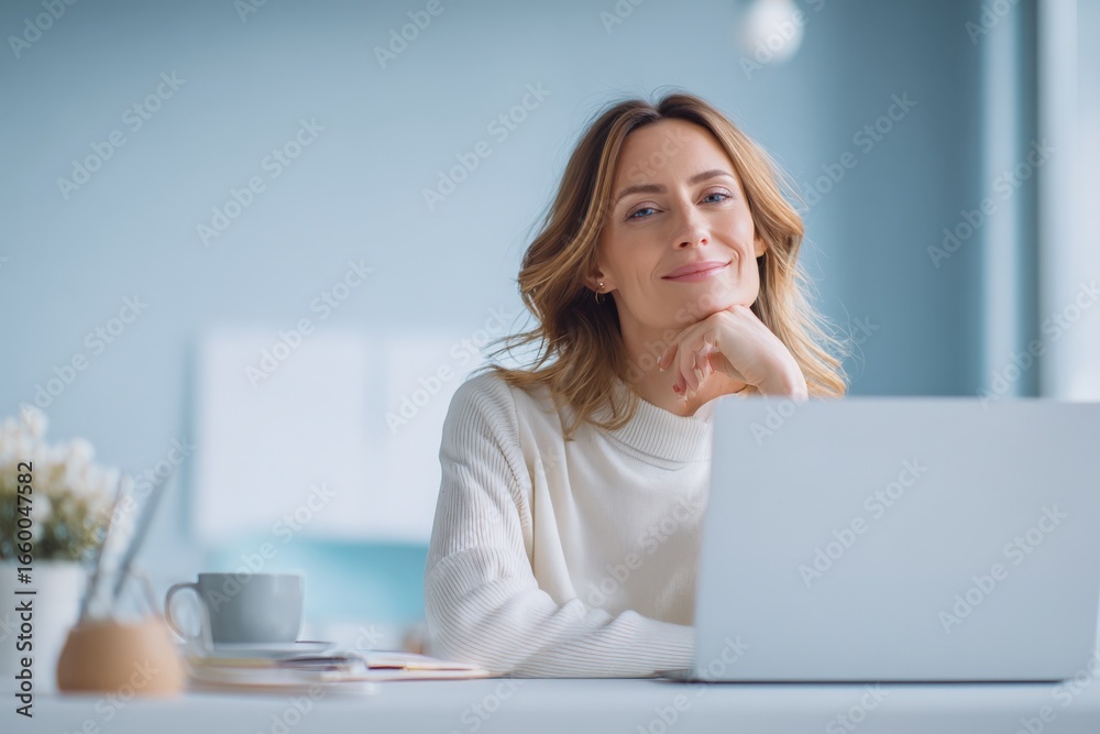 Confident Woman Working Remotely with Laptop at Desk in Home Office Environment Confident Woman Working Remotely with Laptop at Desk in Home Office Environment