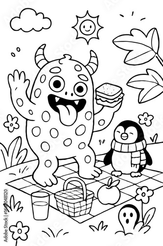 A cute monster and a little penguin having a happy picnic on a blanket together on a sunny day coloring page.