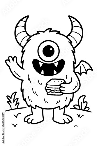 A cute and happy one-eyed furry monster character eating a delicious hamburger for its lunch coloring page.

