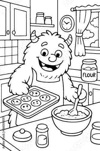 A cute and cheerful monster baking cookies in the kitchen with a bowl and a baking sheet coloring page.