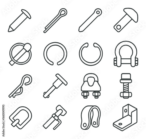 Various types of hardware fasteners and clamps illustrated on gray background