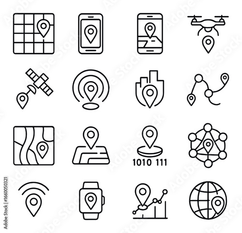 Location and navigation icons set featuring gps, maps, drone, and satellite elements