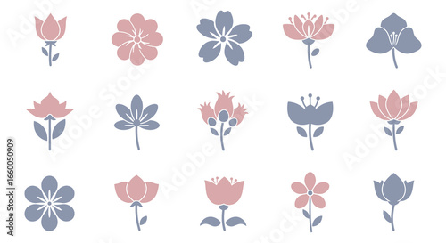 A collection of various simple flowers in pink and blue on white background