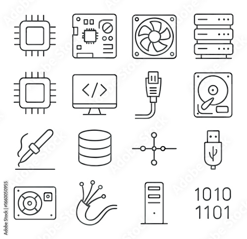 Computer hardware and coding icons with tech elements