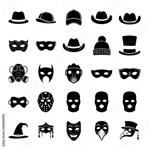 Collection of various hats and masks vector illustration for costume party and fashion accessories