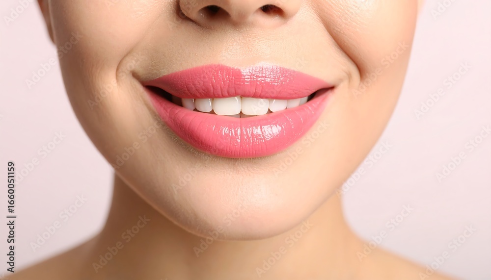 Obraz premium Close-up view of a woman's mouth with a radiant smile and vibrant pink lipstick, showcasing healthy teeth against a soft pastel background.