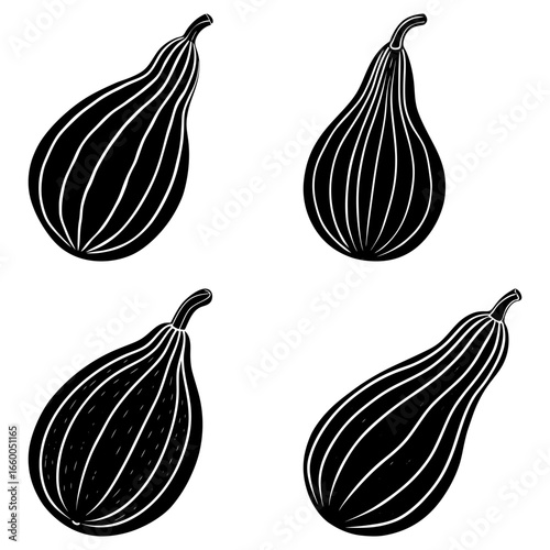 Four stylized black and white bottle gourds with vertical stripes on a white background image art