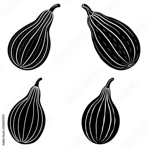 Four black and white stylized bottle gourds arranged symmetrically on a white background design element