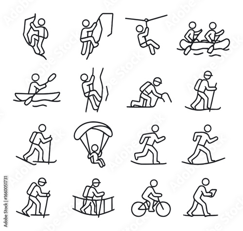 Outdoor adventure icons set featuring activities like hiking, climbing, canoeing, and cycling