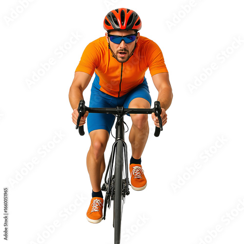 Athletic man cycling in bright orange gear on a racing bike  