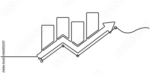 Continuous one line drawing of graph with increasing arrow up. Illustration vector of bar chart on white background. Concept of business decline. Single line art of business growth. pro Editable.