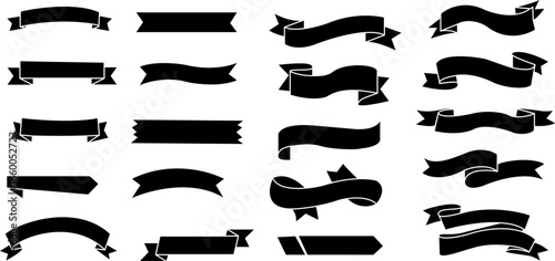 Collection of black ribbon banner silhouettes in various styles. Ideal for logos, invitations, vintage labels, and graphic design project