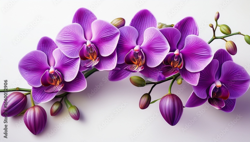 Fototapeta premium branch of purple orchid flowers with buds curved composition isolated on a white backgroundr