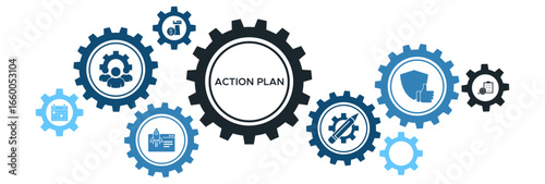 Business Action Plan and Strategy Execution Banner with Icons for Objective Setting, Collaboration, Scheduling, and Implementation