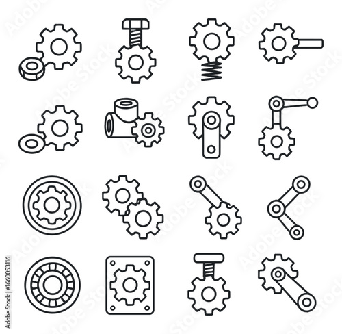 Set of mechanical icons with gears, cogs, and bearings on gray background