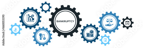 Bankruptcy and Legal Process Banner Vector Concept with Icons for Crisis Management, Debt, Creditors, Court Orders, and Moratoriums