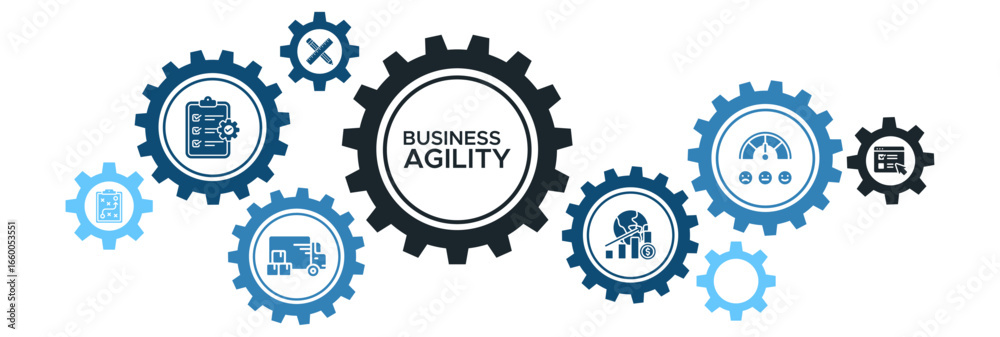 Fototapeta premium Business Agility and Strategy Banner Vector Concept Featuring Icons for Development, Design, Testing, and Rapid Feedback