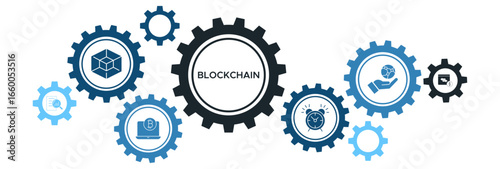 Blockchain and Cryptocurrency Transaction Banner with Icons for Decentralization, Timestamp, Network Security, and Data Transactions