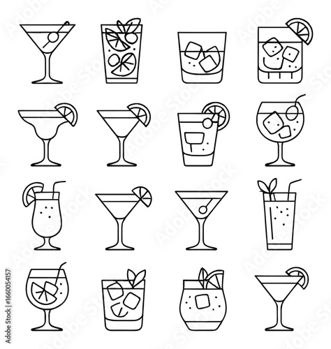 Minimalist outline of various cocktail glasses with fruit garnishes
