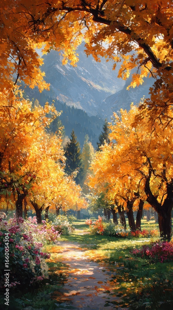 Fototapeta premium Autumn Landscape Painting with Golden Trees, Flowers, and Mountain View