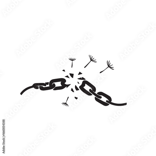 Conceptual illustration of a broken chain evolving into ethereal dandelion seeds, embodying the spirit of liberation, freedom, and overcoming adversity for a fresh start.