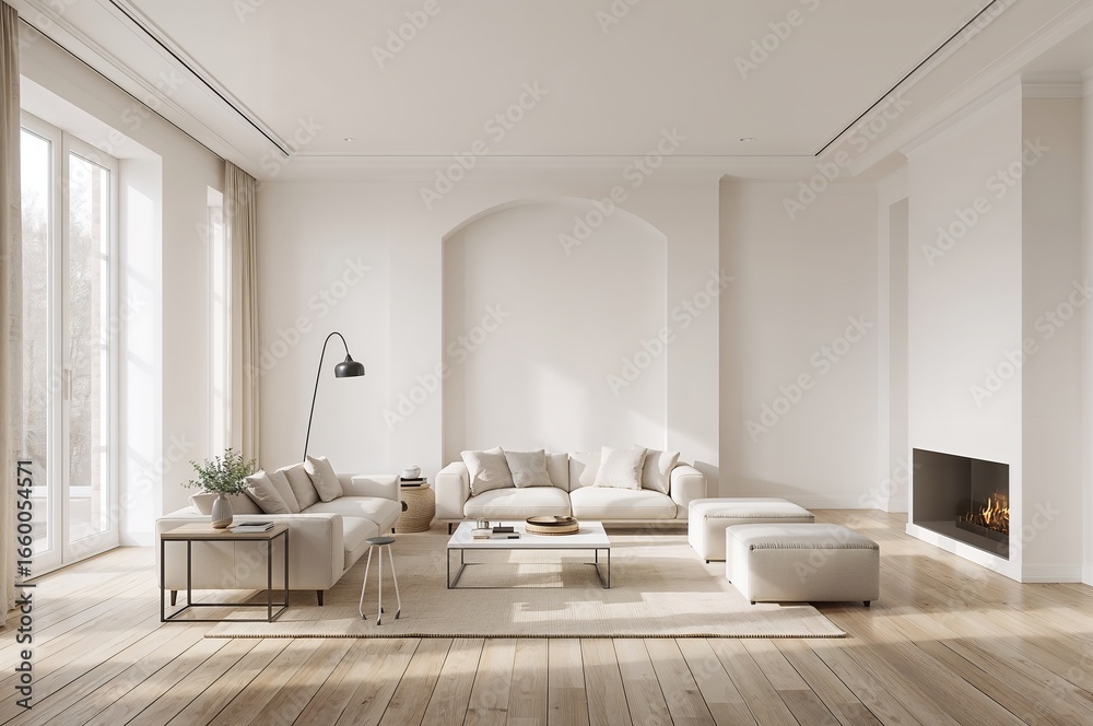 Fototapeta premium Modern living room with comfortable seating and natural light shining through