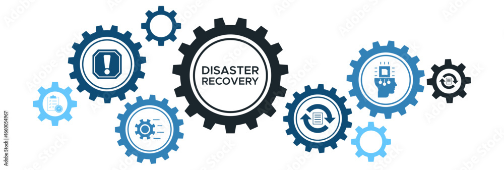 Fototapeta premium Technology Disaster Recovery and Infrastructure Management Banner with Incident, Server, Database, and Data Recovery System Icons
