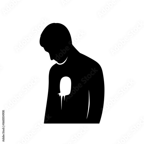Find black and white silhouette of man with hole in chest for grief and loss illustration art