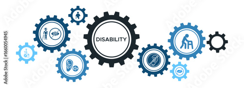 Disability Support Banner Vector Concept Featuring Icons for the Disabled, Blind, Amputees, Deaf-Mute, and Walkers for Assistance