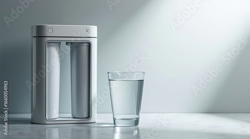 Modern water filtration device and a glass of clear water on a countertop in a well-lit kitchen space