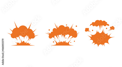 orange explosion silhouettes on white background in various stages of eruption