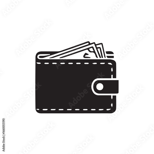 Minimalist black silhouette illustration of a classic wallet brimming with paper money, symbolizing financial security, budget management, and cashless transactions.
