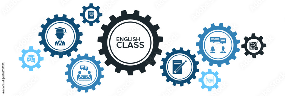 Obraz premium English Language Class Icon Concept Featuring Vocabulary, Conversation, Writing Skills, and Student Learning Essentials