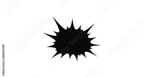 A large black explosion or burst shape on a white background