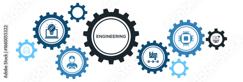 Engineering and Technology Innovation Banner Vector Illustration with Electronics, Design, Planning, and IT Systems Icons