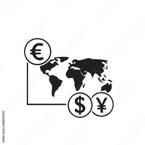 Global Finance Currency Symbols and World Map Representing International Trade
