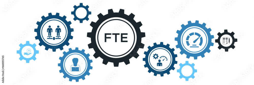 Obraz premium Full-Time Equivalent (FTE) Management Banner Icons for Web: Employee Workload, Measurement Standards, Equivalency, and Comparability Metrics