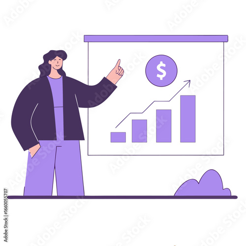 Illustration of a business woman explaining a growth chart..eps