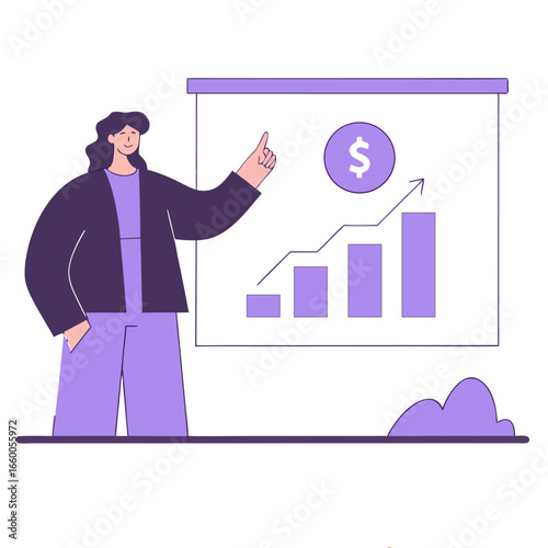 Illustration of a business woman explaining a growth chart.