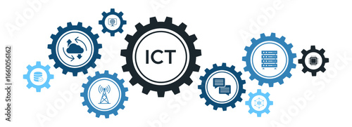 Advanced ICT Technology Banner with Network Systems, Antennas, and Cloud Data Solutions Icons