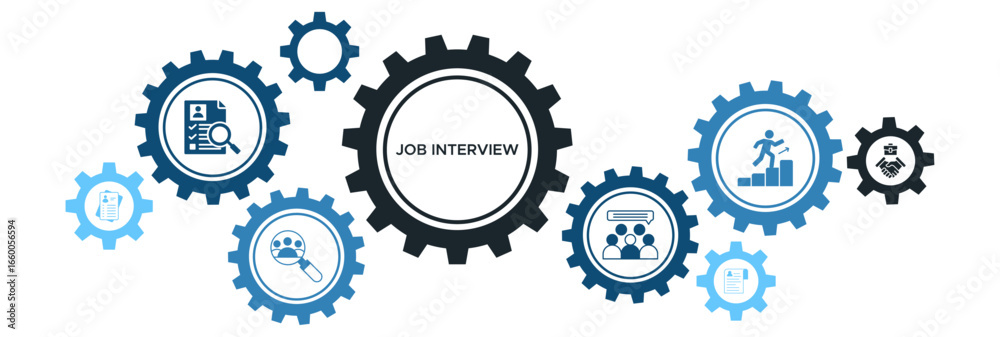 Job Interview Banner Vector Concept Featuring Icons for Applicant Assessment, Hiring Process, Communication, and Career Agreements Job Interview Banner Vector Concept Featuring Icons for Applicant Assessment, Hiring Process, Communication, and Career Agreements
