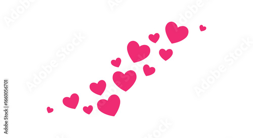 A trail of pink hearts floating upwards on a white background