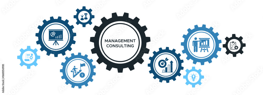 Obraz premium Management Consulting Services Banner Vector Concept Featuring Icons for Business Development, Strategy, Solutions, and Training Programs