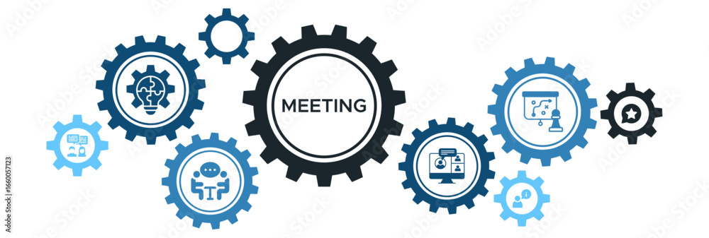 Obraz premium Business Meeting and Communication Banner Icons for Web: Discussion Topics, Solution Planning, Information Sharing, Video Conferencing, and Strategic Decision-Making