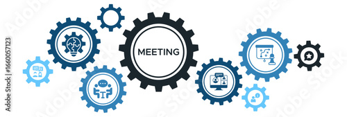 Business Meeting and Communication Banner Icons for Web: Discussion Topics, Solution Planning, Information Sharing, Video Conferencing, and Strategic Decision-Making