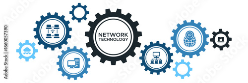 Network Technology Banner Vector Concept with Icons for Cloud Computing, Servers, Network Security, IP Addresses, and Computer Systems