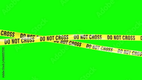 3d Yellow caution tape swinging on green screen background