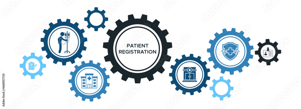 Obraz premium Patient Registration System Banner Vector Concept Featuring Icons for Hospital Registration, ID Cards, Clinics, and Health Insurance